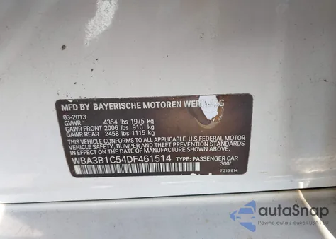 2013 BMW 320 I из США, поврежденный, VIN WBA3B1C54DF461514